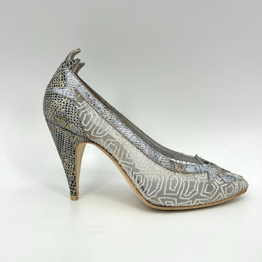 EL VAQUERO Western Silver Speckled Metallic Snakeskin Sheer Mesh Heels Size 37.5